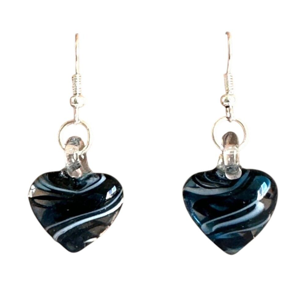 Black & White Heart Lampwork Earrings .925 Sterling Silver #381